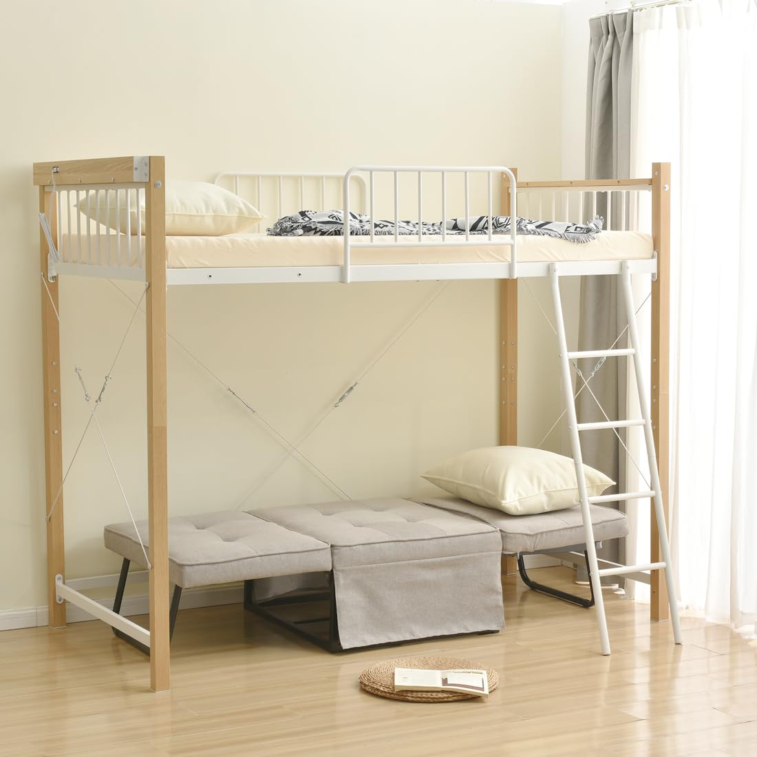 北欧風コンセント付きロフトベッド パイプベッド　シングル（S）BROWN Amazon｜ロフトベッド パイプベッド シングル ロフト机付き